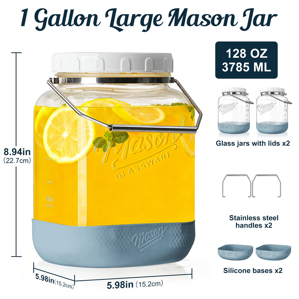 2 Pack Square Wide Mouth Mason Jars, 1 Gallon Glass Jar With Airtight Lid and Scale Marks, 128 FL Oz/3785 ML Food Storage Containers with Handles & Non-slip Bases - for Flour, Rice, Pickling