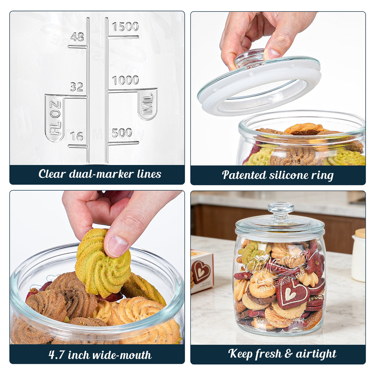 Half Gallon Cookie Jar, Glass Flour Sugar Storage Container for Kitchen Pantry & Laundry Room,Wide Mouth Mason Jar for Sourdough Starter, Candy, Flour, Dog Treats, Coffee