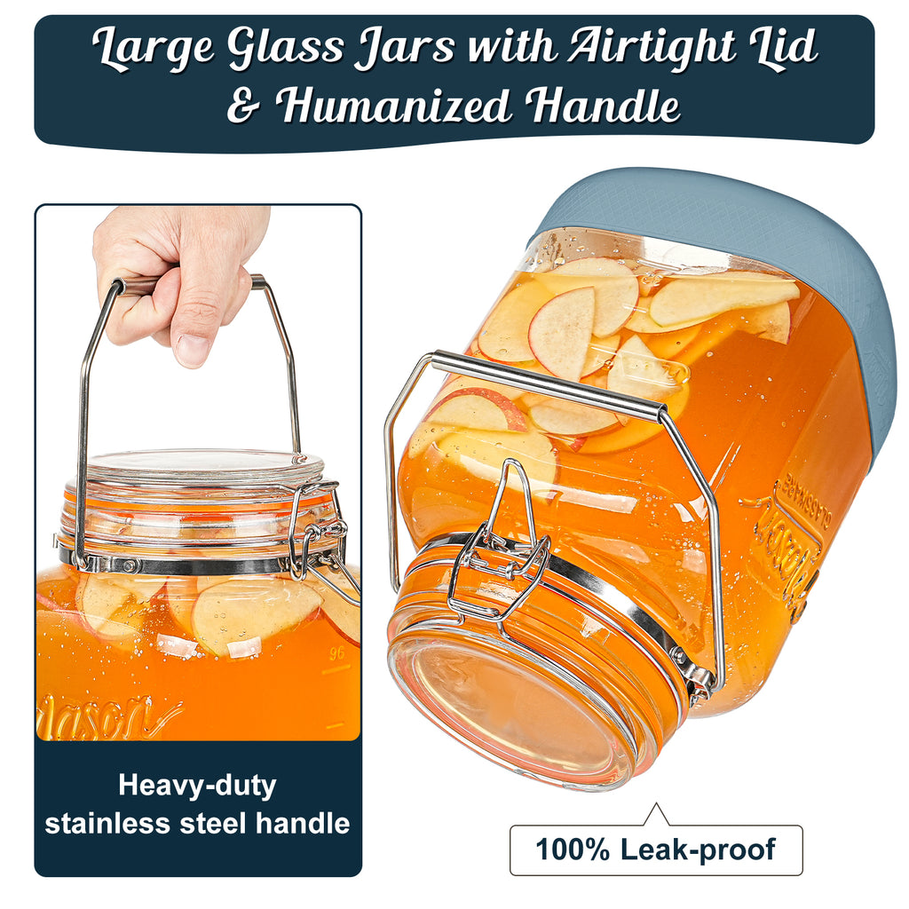 2 Pack Square 1 Gallon Glass Jar with Airtight Lid, Large Mason Jars Wide Mouth 128 Oz with Scale Marks & Handle, Glass Storage Containers with Anti-slip Base for Flour, Oat