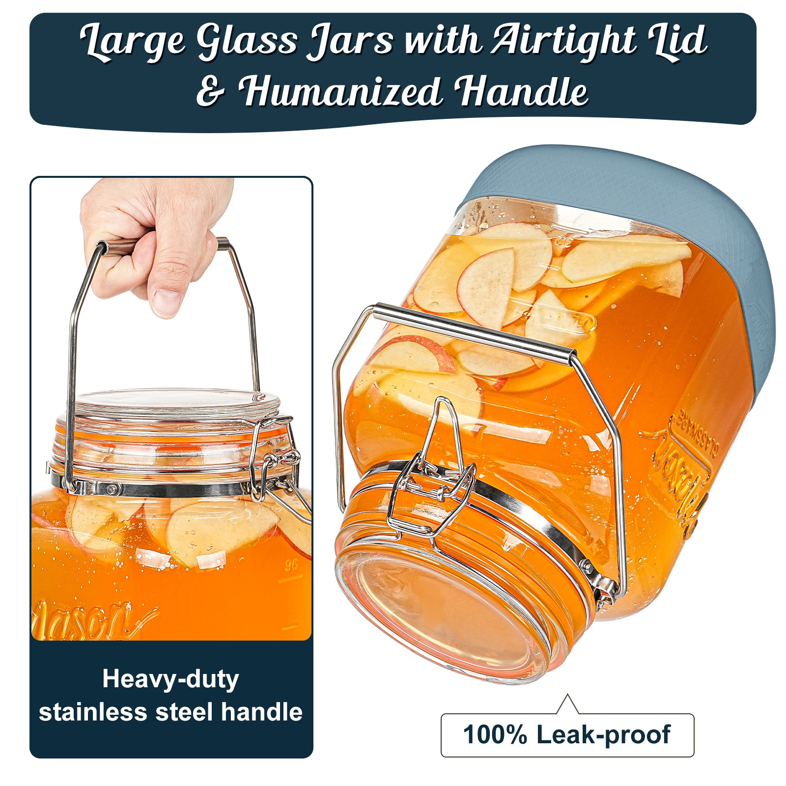 2 Pack Square 1 Gallon Glass Jar with Airtight Lid, Large Mason Jars Wide Mouth 128 Oz with Scale Marks & Handle, Glass Storage Containers with Anti-slip Base for Flour, Oat
