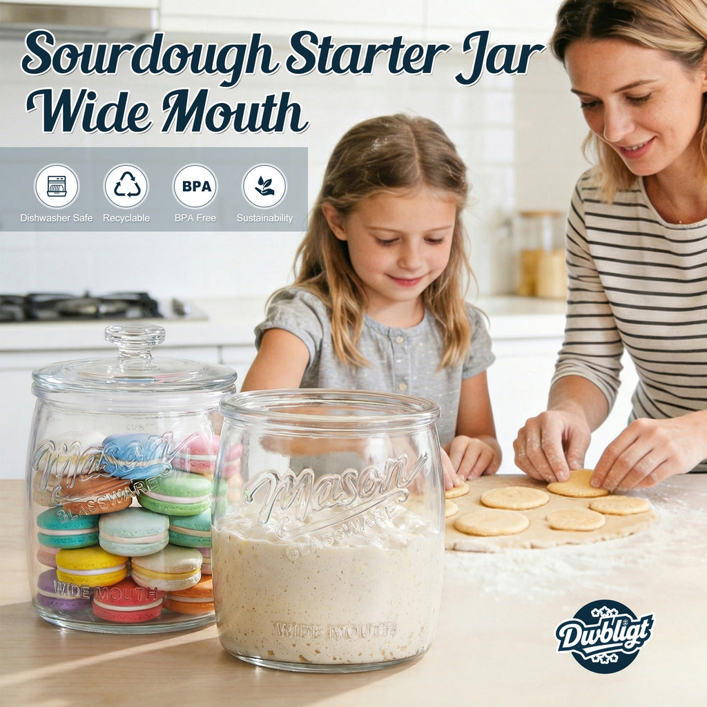 Half Gallon Cookie Jar, Glass Flour Sugar Storage Container for Kitchen Pantry & Laundry Room,Wide Mouth Mason Jar for Sourdough Starter, Candy, Flour, Dog Treats, Coffee