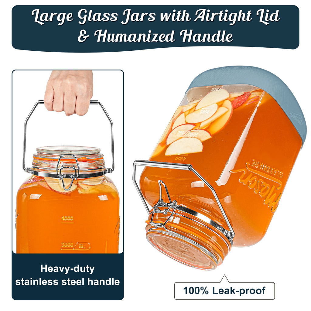 Dwbligt 2 Pack 1.5 Gallon Glass Jar With Airtight Lid, Square Large Mason Jars Wide Mouth with Scale Marks and Stainless Steel Handle-Glass Storage Containers for Cookie