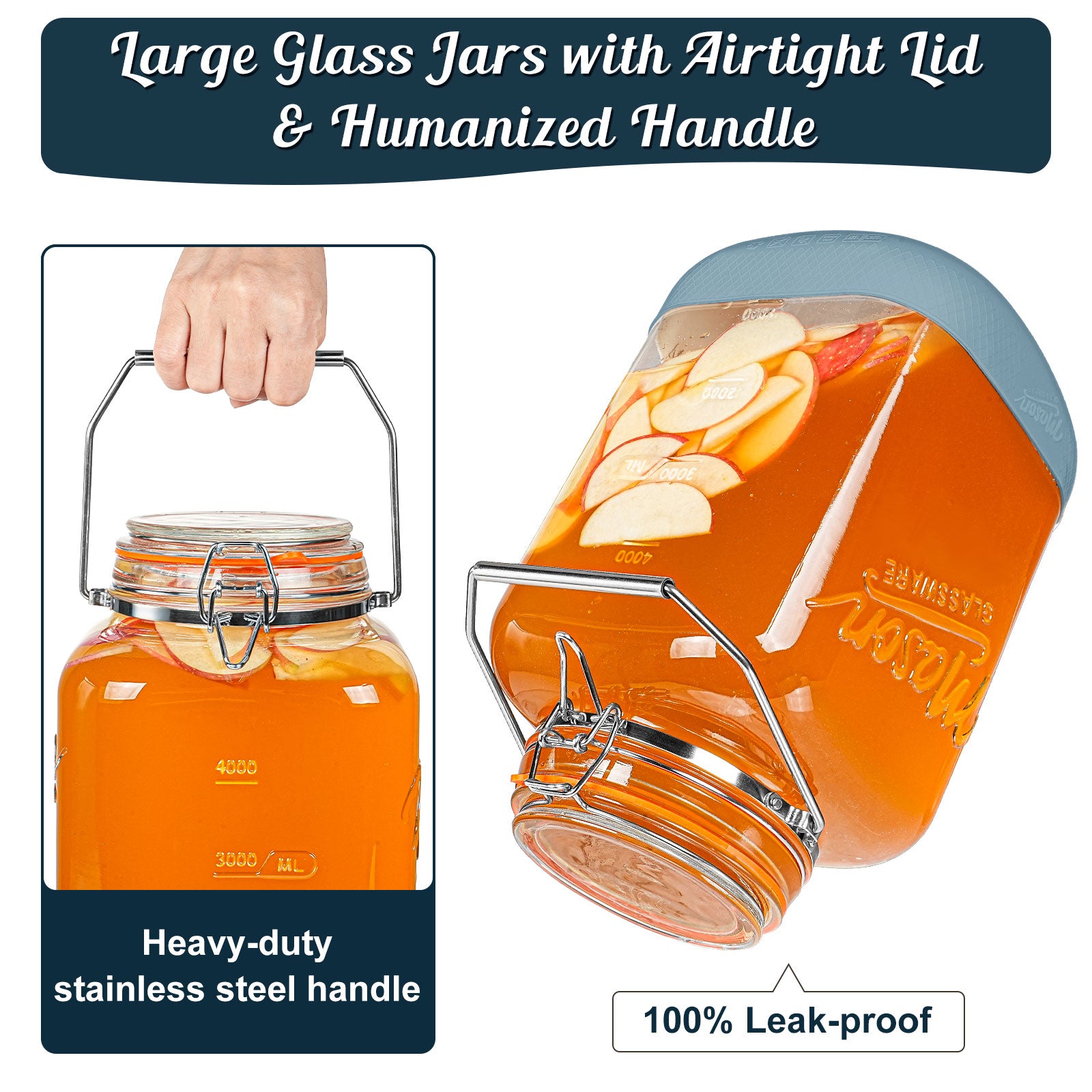 Dwbligt 2 Pack 1.5 Gallon Glass Jar With Airtight Lid, Square Large Mason Jars Wide Mouth with Scale Marks and Stainless Steel Handle-Glass Storage Containers for Cookie