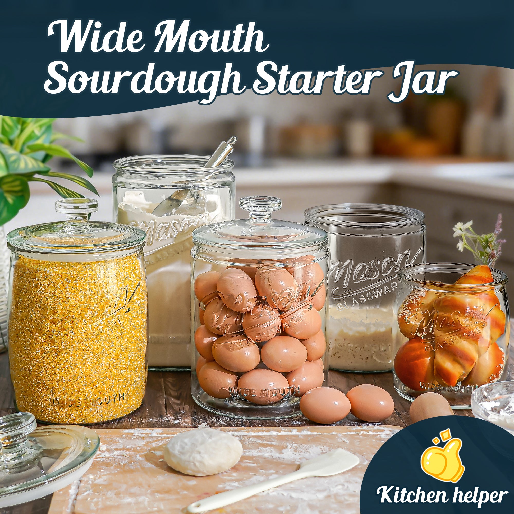 2 Pack 1 Gallon Glass Cookie Jar with Lid, Glass Canisters for Pantry Organizers & Storage, Wide Mouth Mason Jar for Flour Sugar, Sourdough Starter, Coffee, Dog Treat, Apothecary, Laundry Room