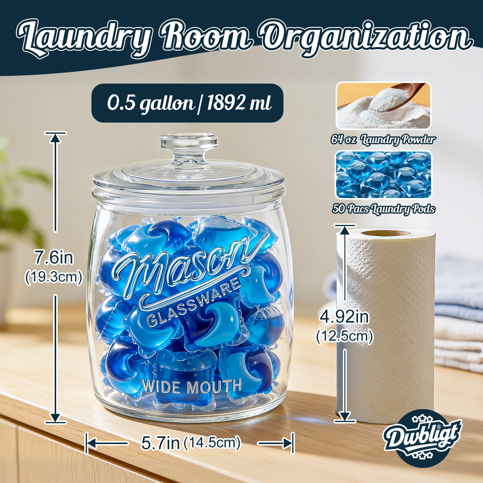 Half Gallon Cookie Jar, Glass Flour Sugar Storage Container for Kitchen Pantry & Laundry Room,Wide Mouth Mason Jar for Sourdough Starter, Candy, Flour, Dog Treats, Coffee