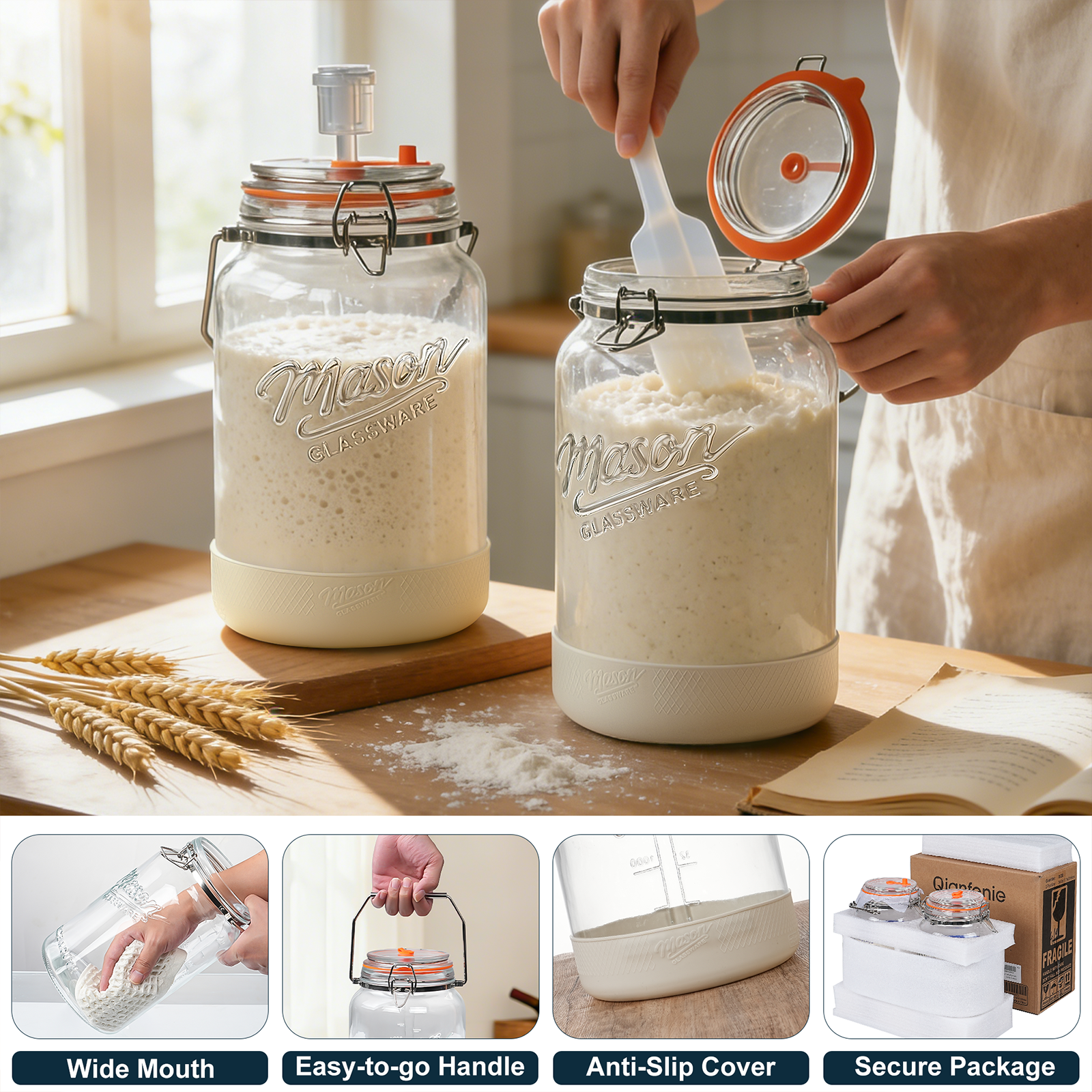 1 Gallon Fermentation Jars with Airlocks, 2 Pcs Wide Mouth Glass Jars with Airtight Lids, Stainless Steel Handle, Non-Slip Silicone Base for Pickle, Mead, Kimchi, Food Storage