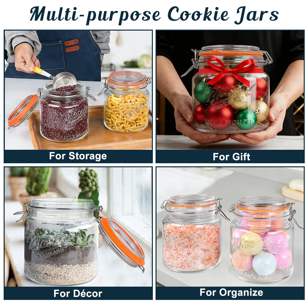 2 Pack Half Gallon Mason Jar with Hinged Lid, Wide Mouth Glass Flour Container for Food Storage, Cookie, Coffee, Pickle - 64 Oz Glass Jar with Glass Lid with 2 Scale Marks