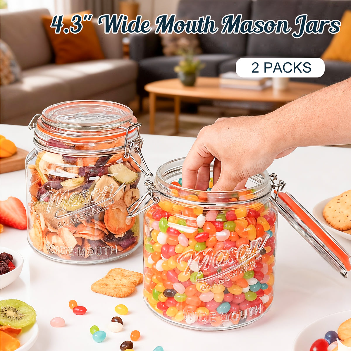 2 Pack Half Gallon Mason Jar with Hinged Lid, Wide Mouth Glass Flour Container for Food Storage, Cookie, Coffee, Pickle - 64 Oz Glass Jar with Glass Lid with 2 Scale Marks