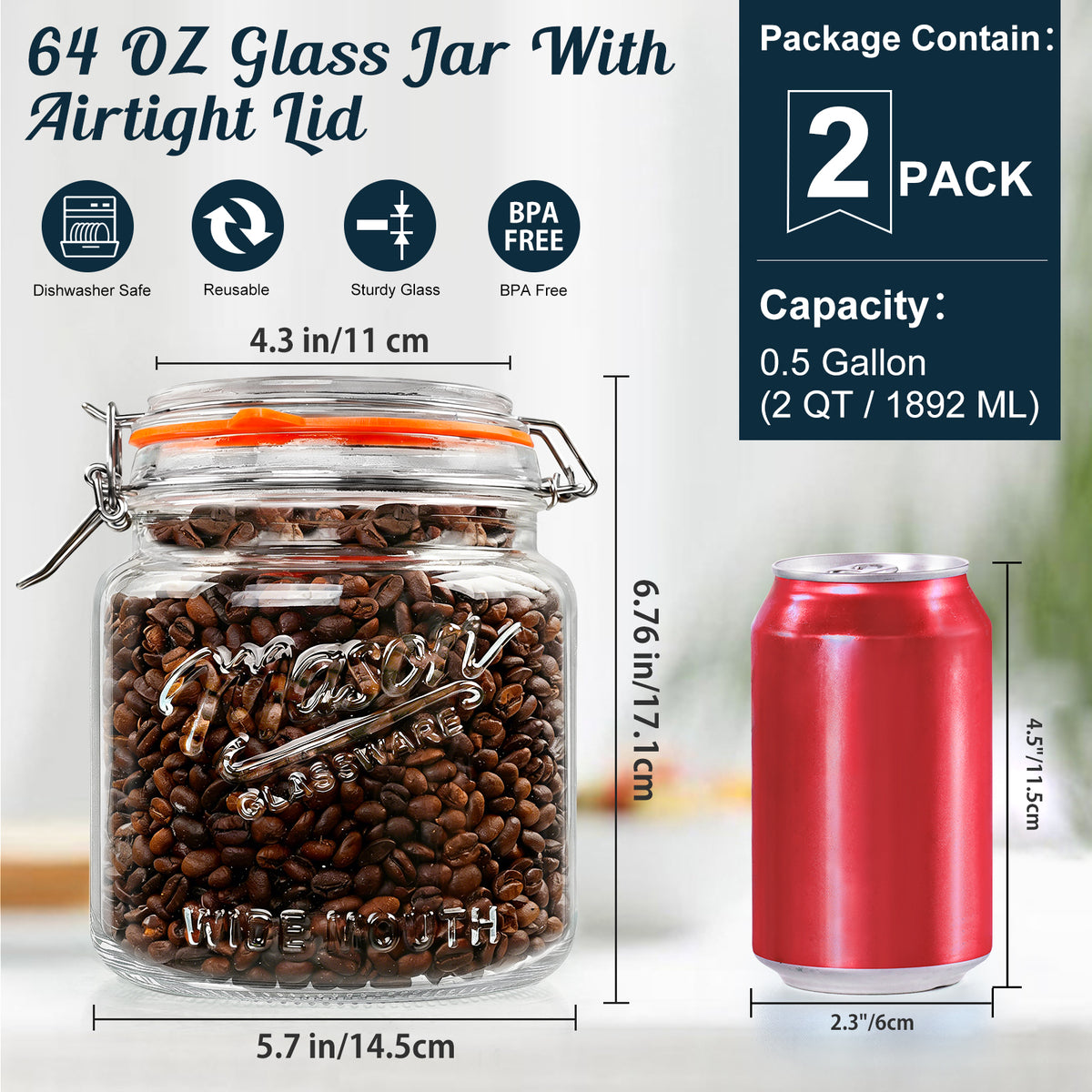 2 Pack Half Gallon Mason Jar with Hinged Lid, Wide Mouth Glass Flour Container for Food Storage, Cookie, Coffee, Pickle - 64 Oz Glass Jar with Glass Lid with 2 Scale Marks