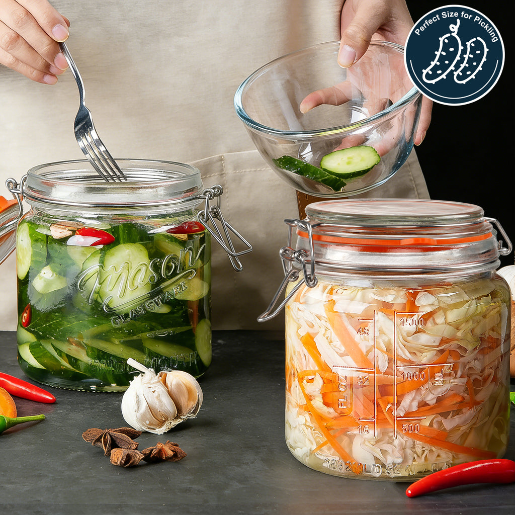 2 Pack Half Gallon Mason Jar with Hinged Lid, Wide Mouth Glass Flour Container for Food Storage, Cookie, Coffee, Pickle - 64 Oz Glass Jar with Glass Lid with 2 Scale Marks