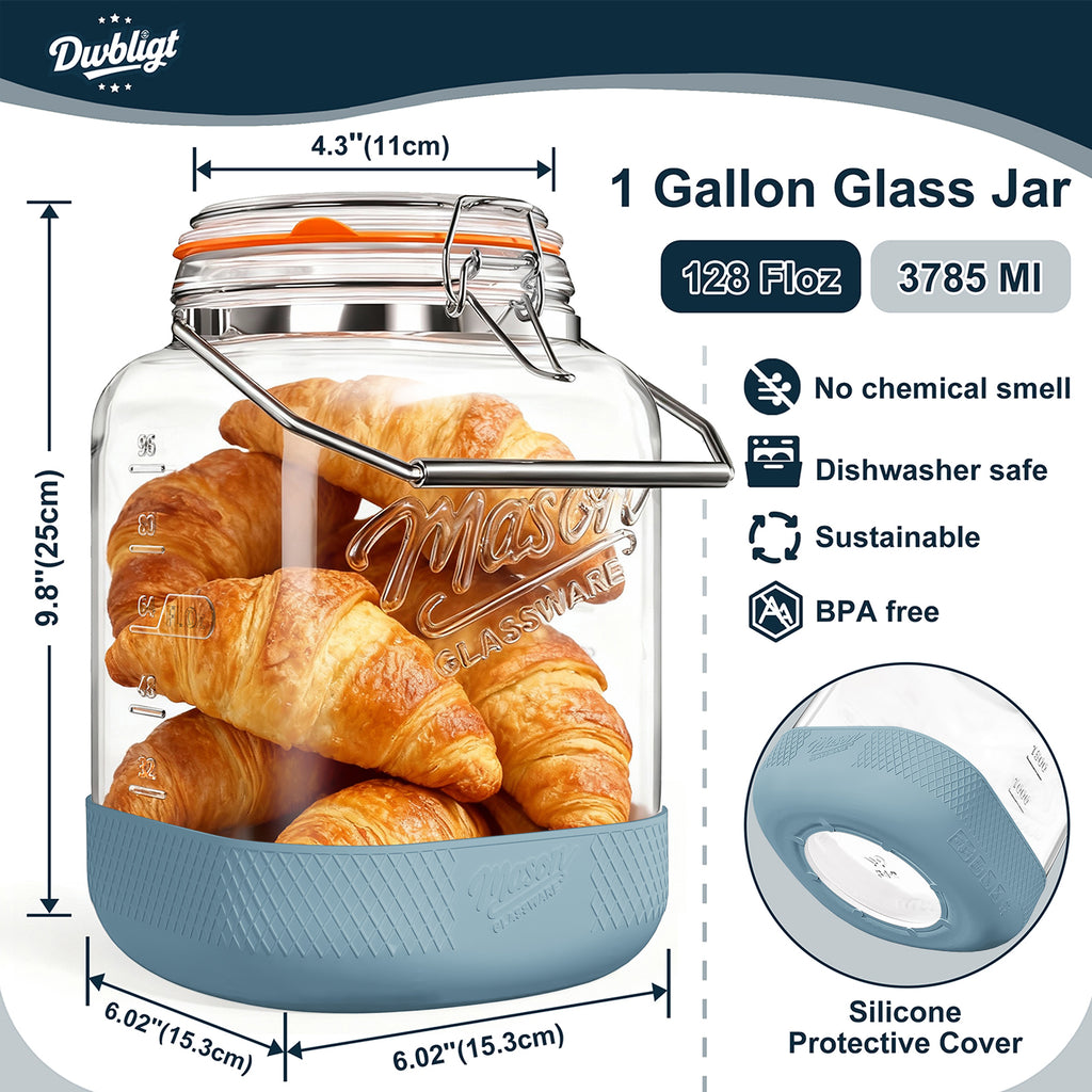 2 Pack Square 1 Gallon Glass Jar with Airtight Lid, Large Mason Jars Wide Mouth 128 Oz with Scale Marks & Handle, Glass Storage Containers with Anti-slip Base for Flour, Oat