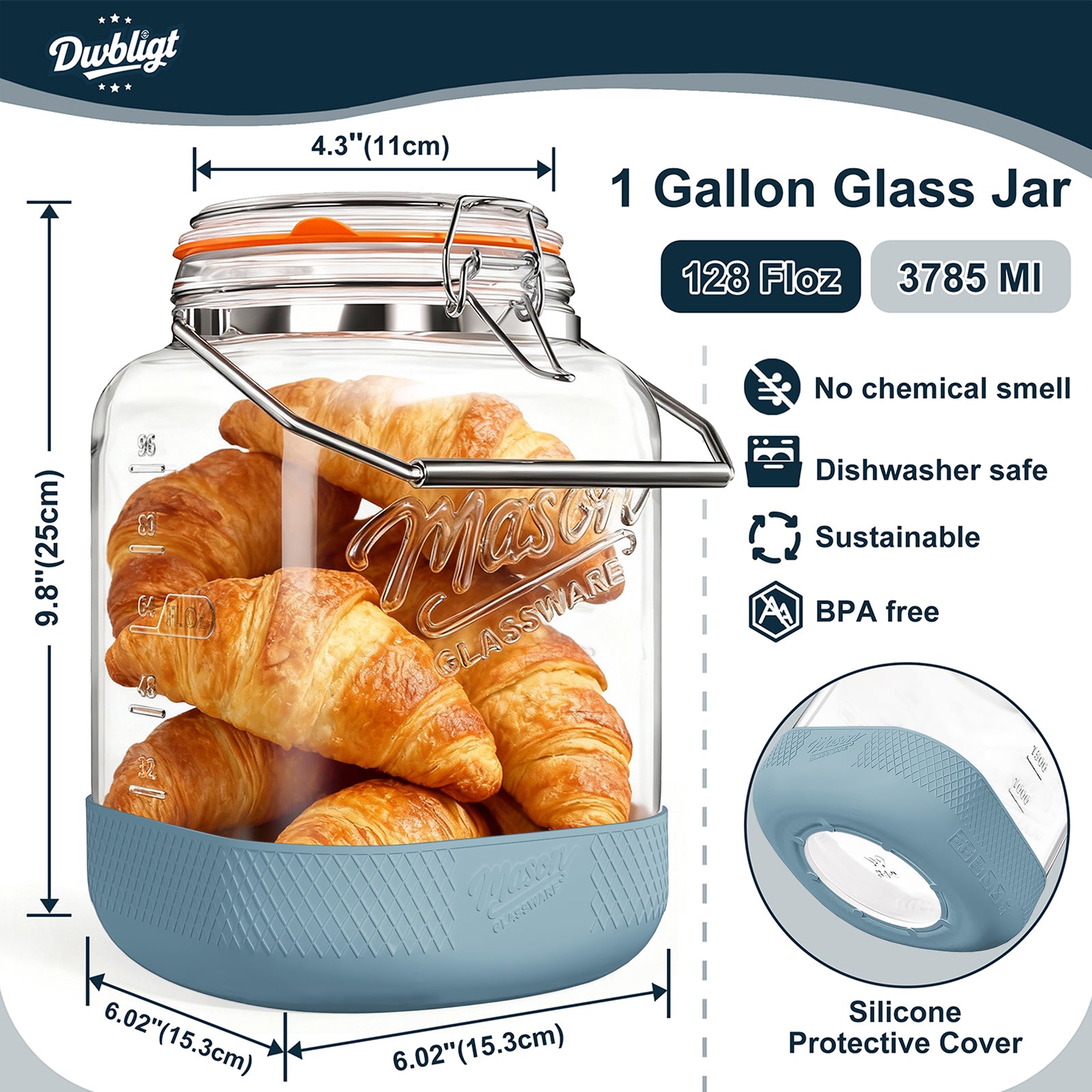 2 Pack Square 1 Gallon Glass Jar with Airtight Lid, Large Mason Jars Wide Mouth 128 Oz with Scale Marks & Handle, Glass Storage Containers with Anti-slip Base for Flour, Oat