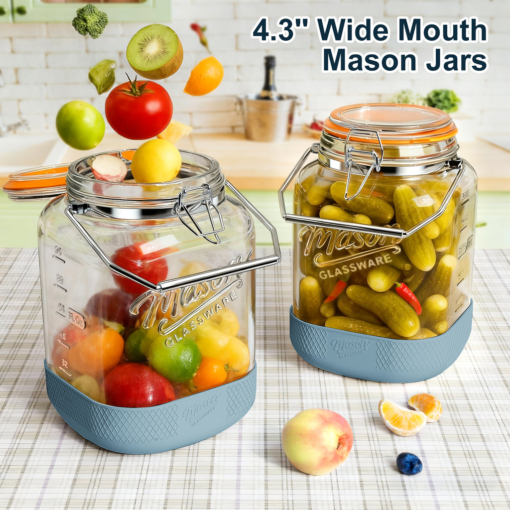 2 Pack Square 1 Gallon Glass Jar with Airtight Lid, Large Mason Jars Wide Mouth 128 Oz with Scale Marks & Handle, Glass Storage Containers with Anti-slip Base for Flour, Oat