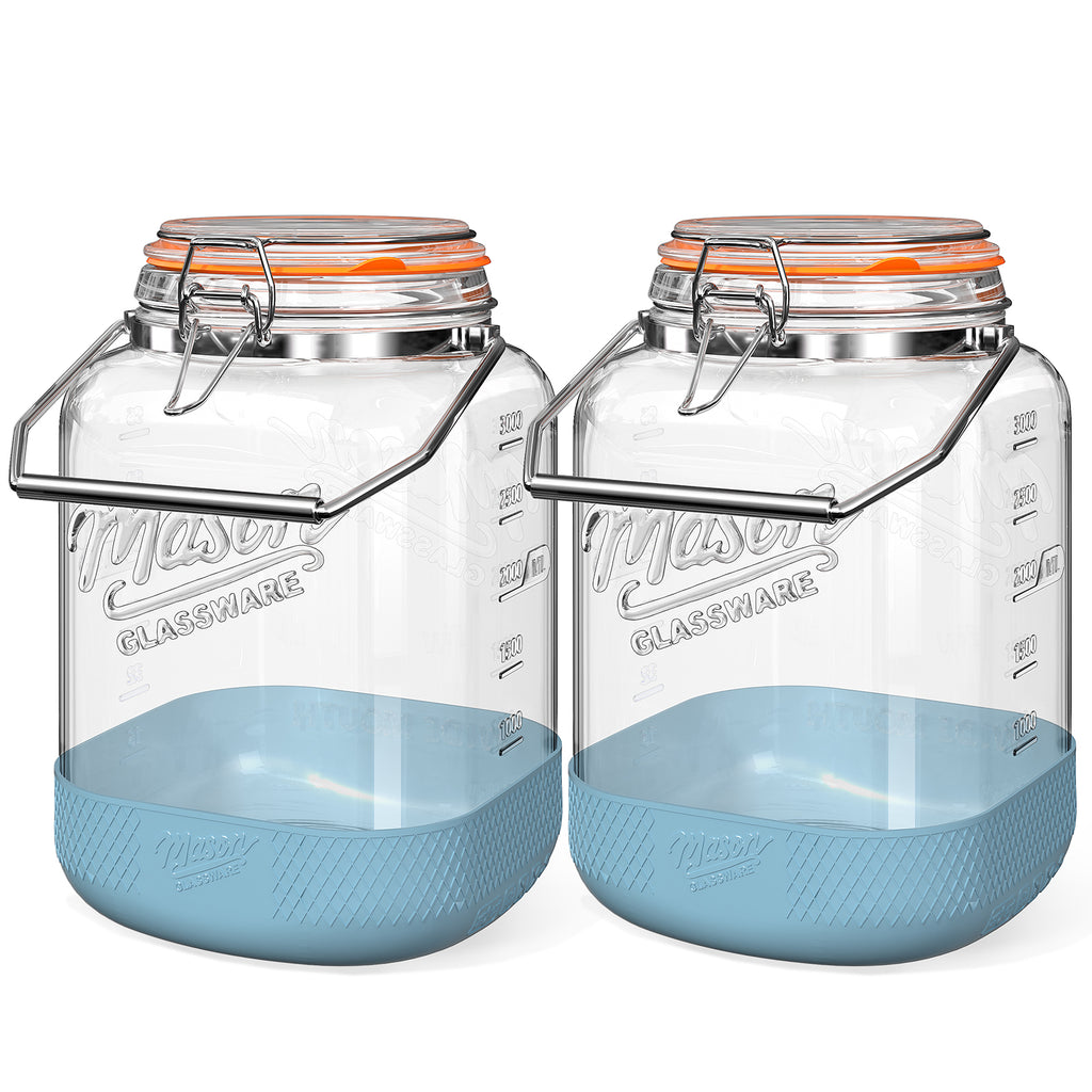 2 Pack Square 1 Gallon Glass Jar with Airtight Lid, Large Mason Jars Wide Mouth 128 Oz with Scale Marks & Handle, Glass Storage Containers with Anti-slip Base for Flour, Oat