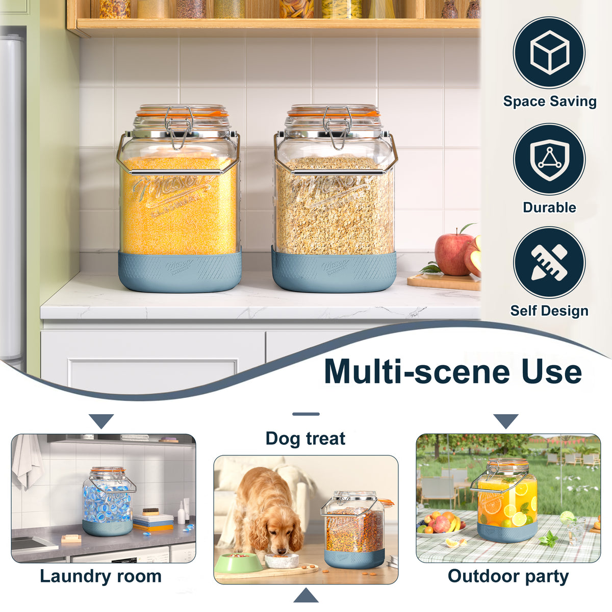 2 Pack Square 1 Gallon Glass Jar with Airtight Lid, Large Mason Jars Wide Mouth 128 Oz with Scale Marks & Handle, Glass Storage Containers with Anti-slip Base for Flour, Oat