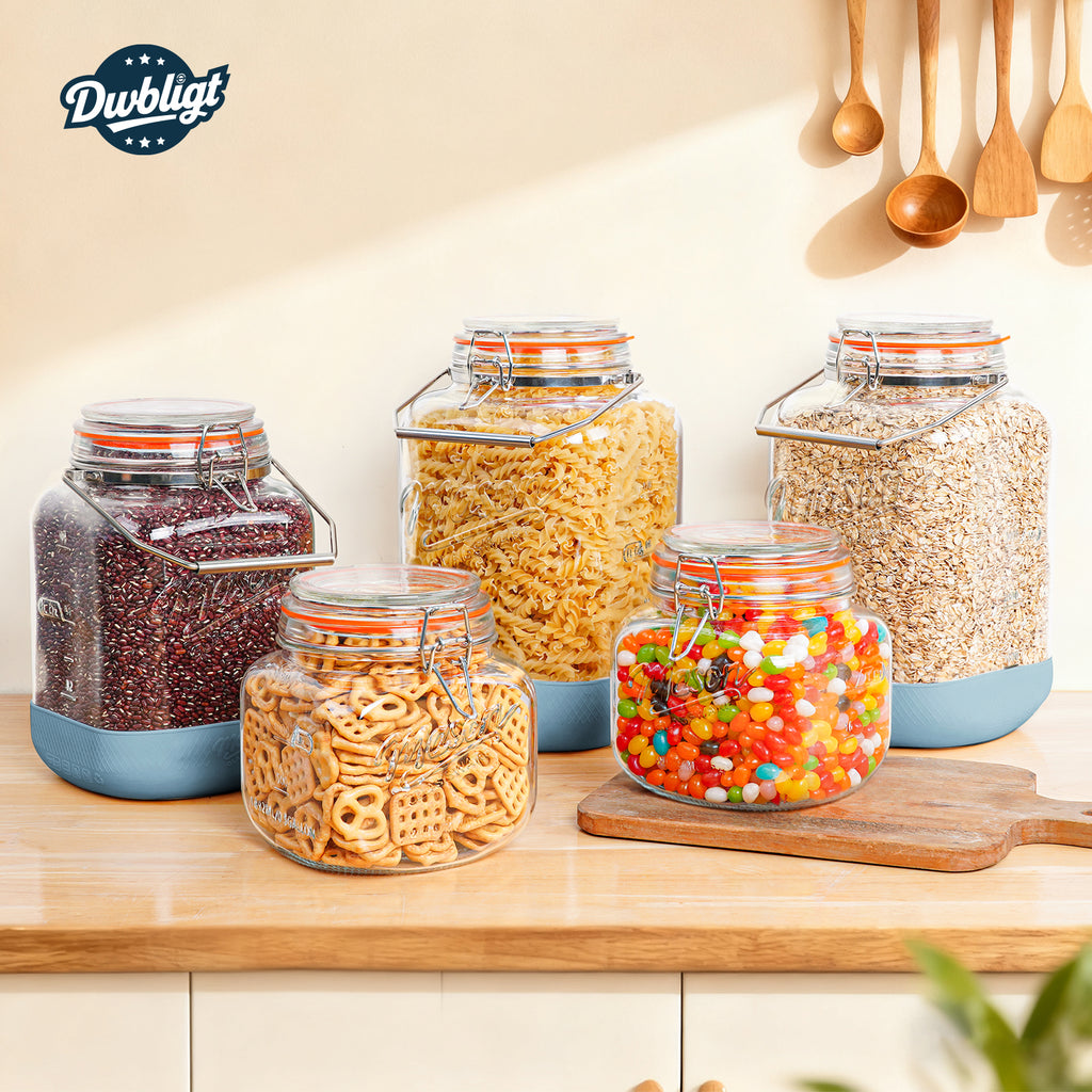 2 Pack Square 1 Gallon Glass Jar with Airtight Lid, Large Mason Jars Wide Mouth 128 Oz with Scale Marks & Handle, Glass Storage Containers with Anti-slip Base for Flour, Oat