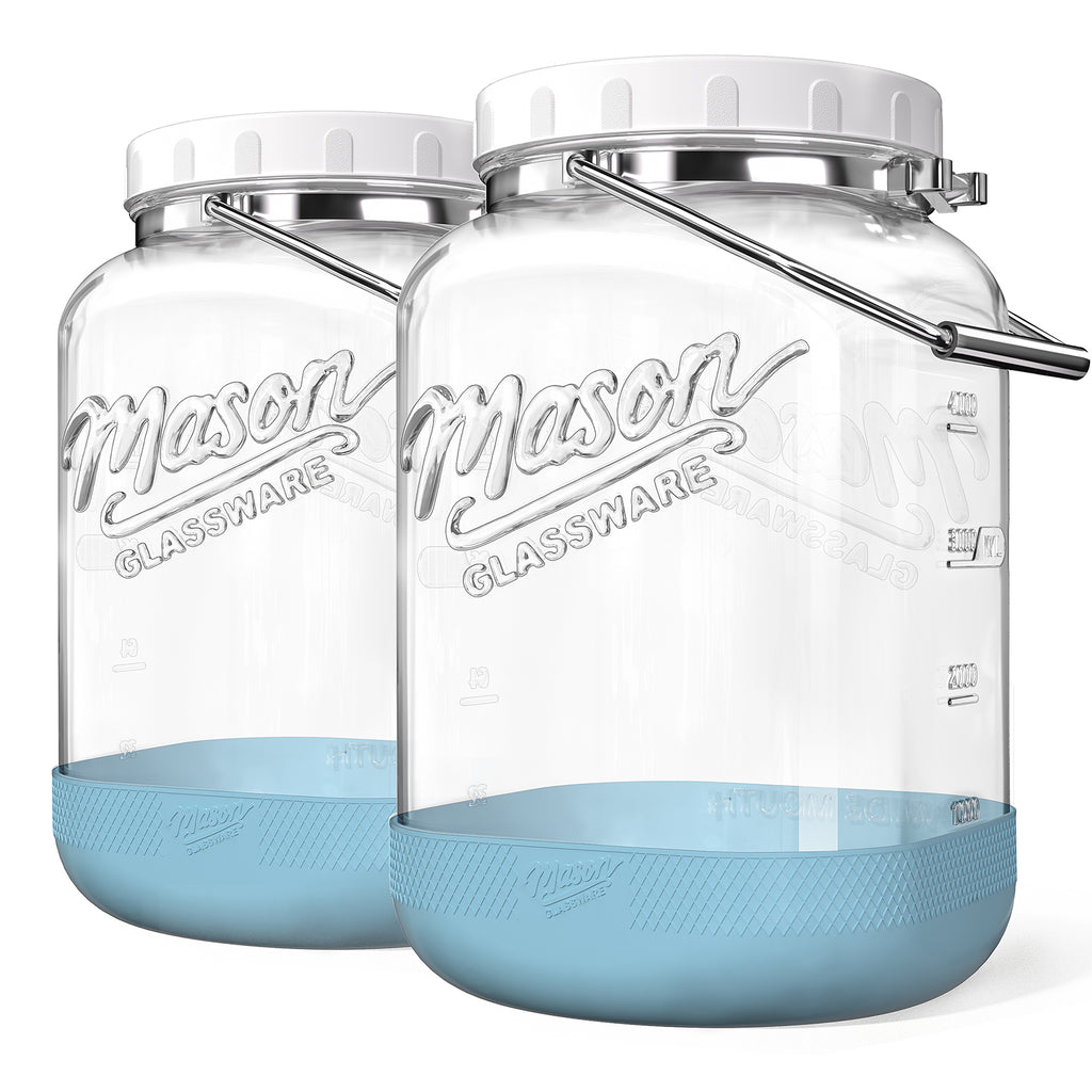 2 Pack 1.5 Gallon Glass Jar With Airtight Lid, Large Mason Jars Wide Mouth with Scale Marks, Big Glass Storage Containers with Heavy-duty Handles & Non-slip Bases - for Flour, Pickling