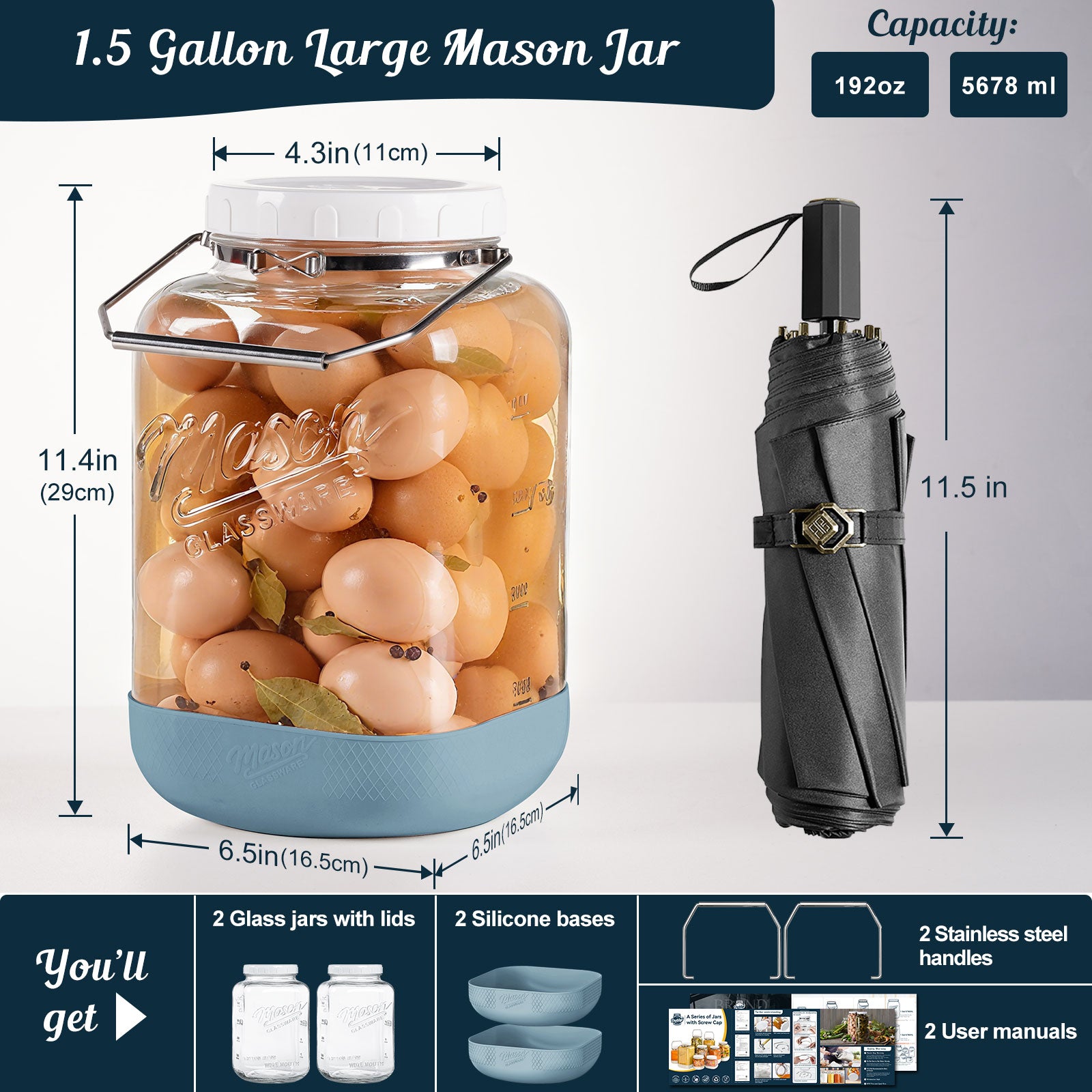 2 Pack 1.5 Gallon Glass Jar With Airtight Lid, Large Mason Jars Wide Mouth with Scale Marks, Big Glass Storage Containers with Heavy-duty Handles & Non-slip Bases - for Flour, Pickling