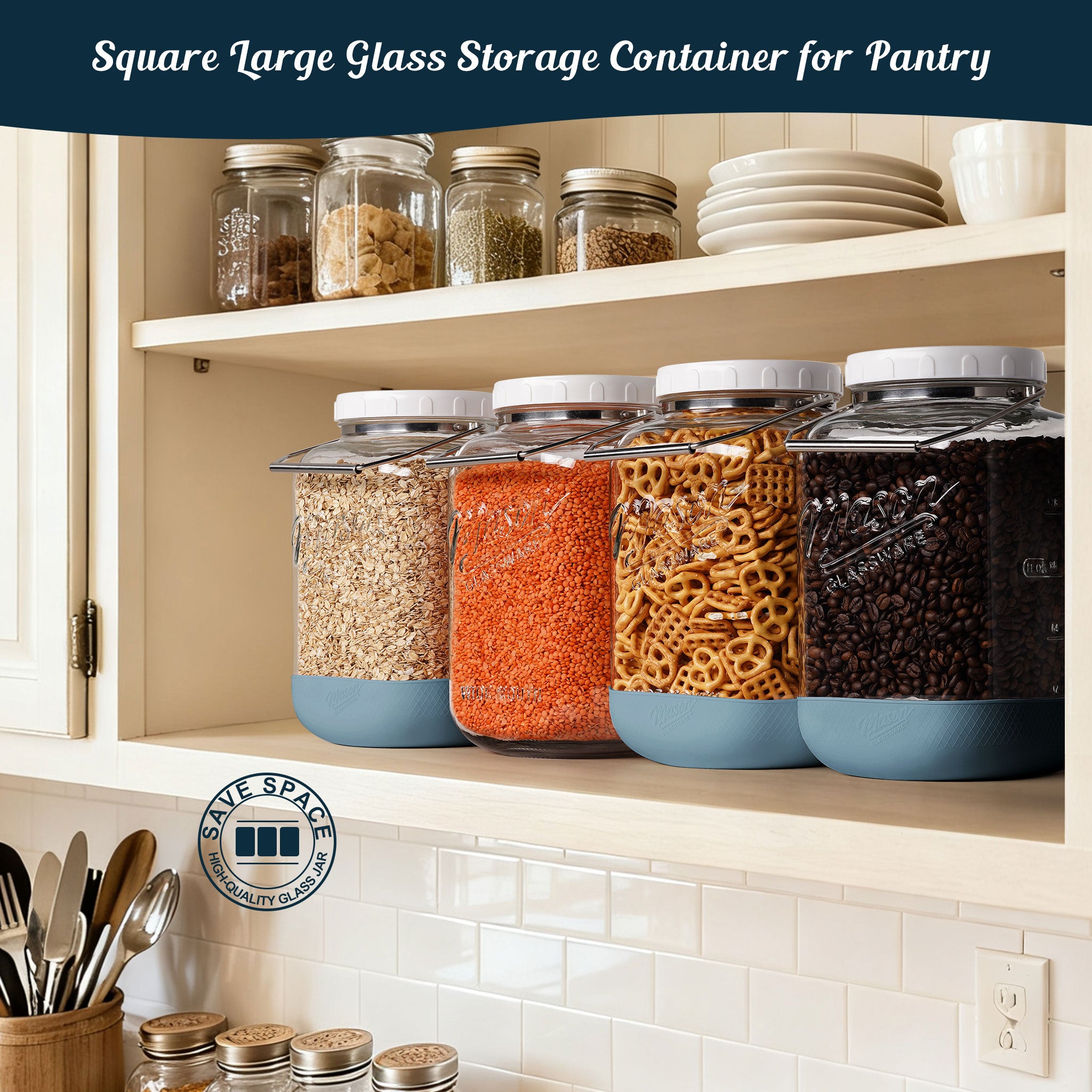 2 Pack 1.5 Gallon Glass Jar With Airtight Lid, Large Mason Jars Wide Mouth with Scale Marks, Big Glass Storage Containers with Heavy-duty Handles & Non-slip Bases - for Flour, Pickling