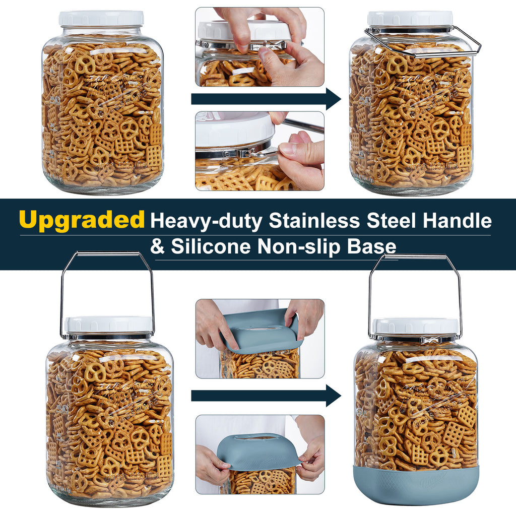 2 Pack 1.5 Gallon Glass Jar With Airtight Lid, Large Mason Jars Wide Mouth with Scale Marks, Big Glass Storage Containers with Heavy-duty Handles & Non-slip Bases - for Flour, Pickling