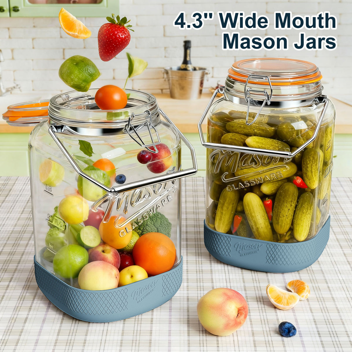 Dwbligt 2 Pack 1.5 Gallon Glass Jar With Airtight Lid, Square Large Mason Jars Wide Mouth with Scale Marks and Stainless Steel Handle-Glass Storage Containers for Cookie