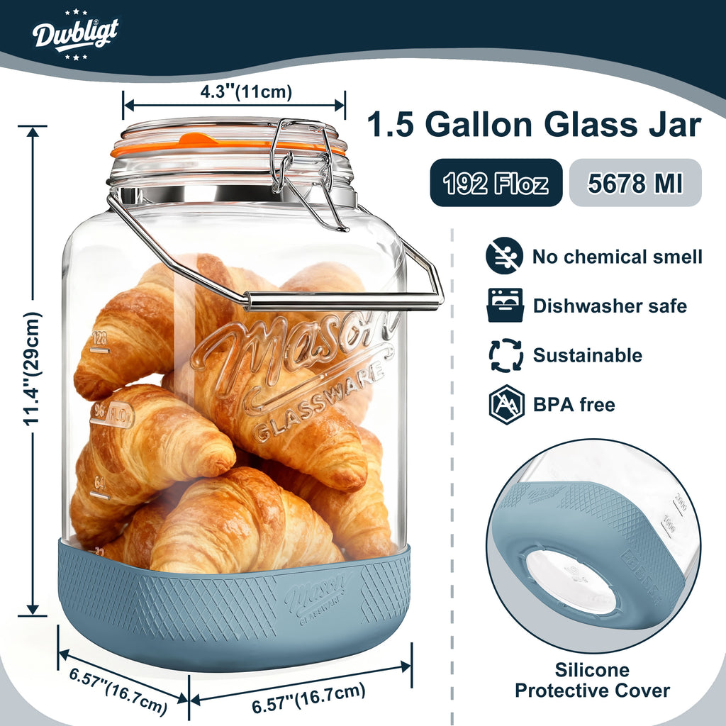 Dwbligt 2 Pack 1.5 Gallon Glass Jar With Airtight Lid, Square Large Mason Jars Wide Mouth with Scale Marks and Stainless Steel Handle-Glass Storage Containers for Cookie