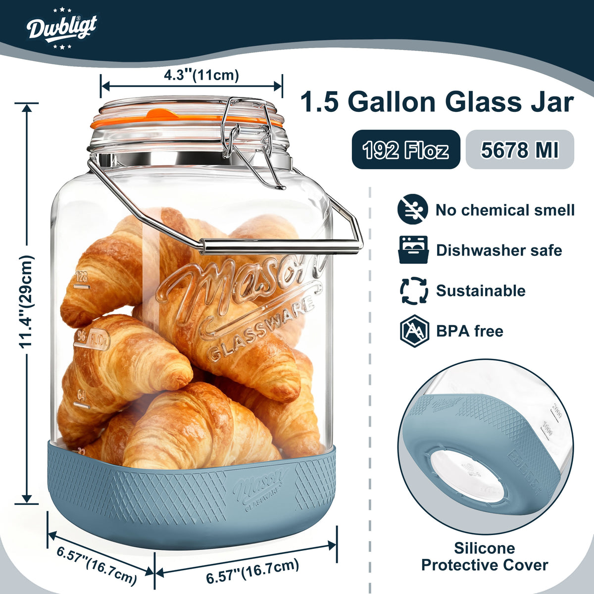 Dwbligt 2 Pack 1.5 Gallon Glass Jar With Airtight Lid, Square Large Mason Jars Wide Mouth with Scale Marks and Stainless Steel Handle-Glass Storage Containers for Cookie