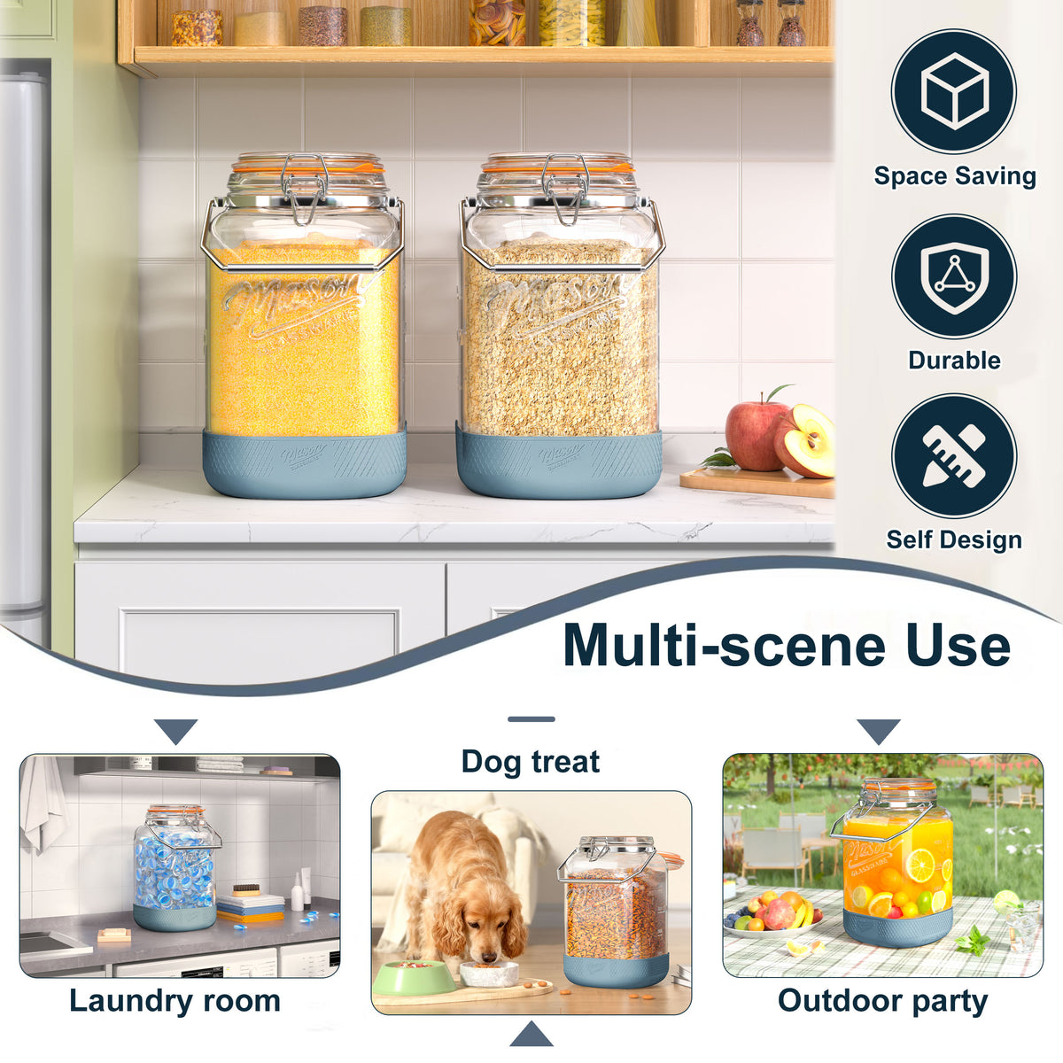 Dwbligt 2 Pack 1.5 Gallon Glass Jar With Airtight Lid, Square Large Mason Jars Wide Mouth with Scale Marks and Stainless Steel Handle-Glass Storage Containers for Cookie
