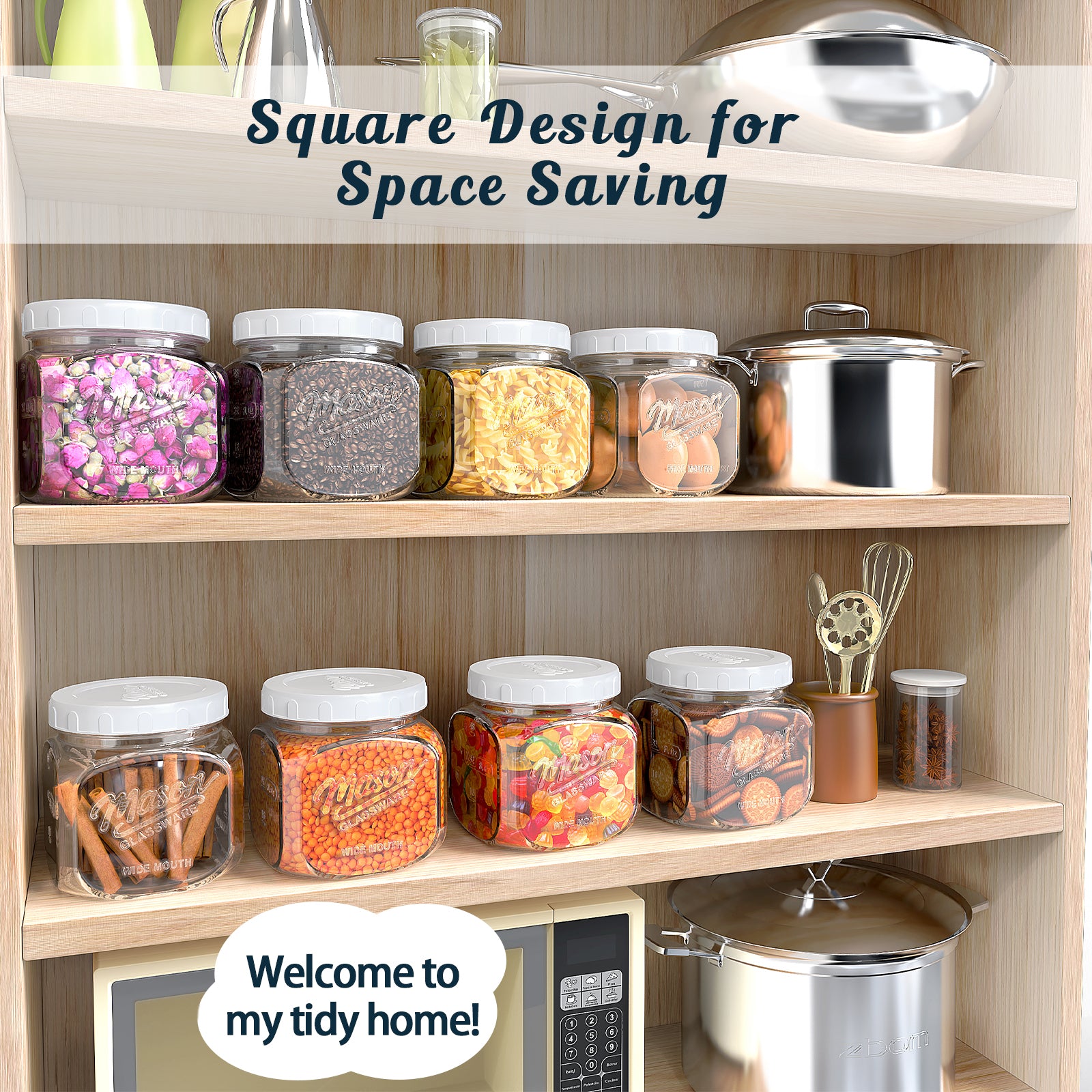 2 Pack Glass Cookie Jar with Airtight Lid, Half Gallon Mason Jar Wide Mouth for Food Storage, Flour, Sugar, Pasta, Sourdough - Square Glass Storage Containers with Marks