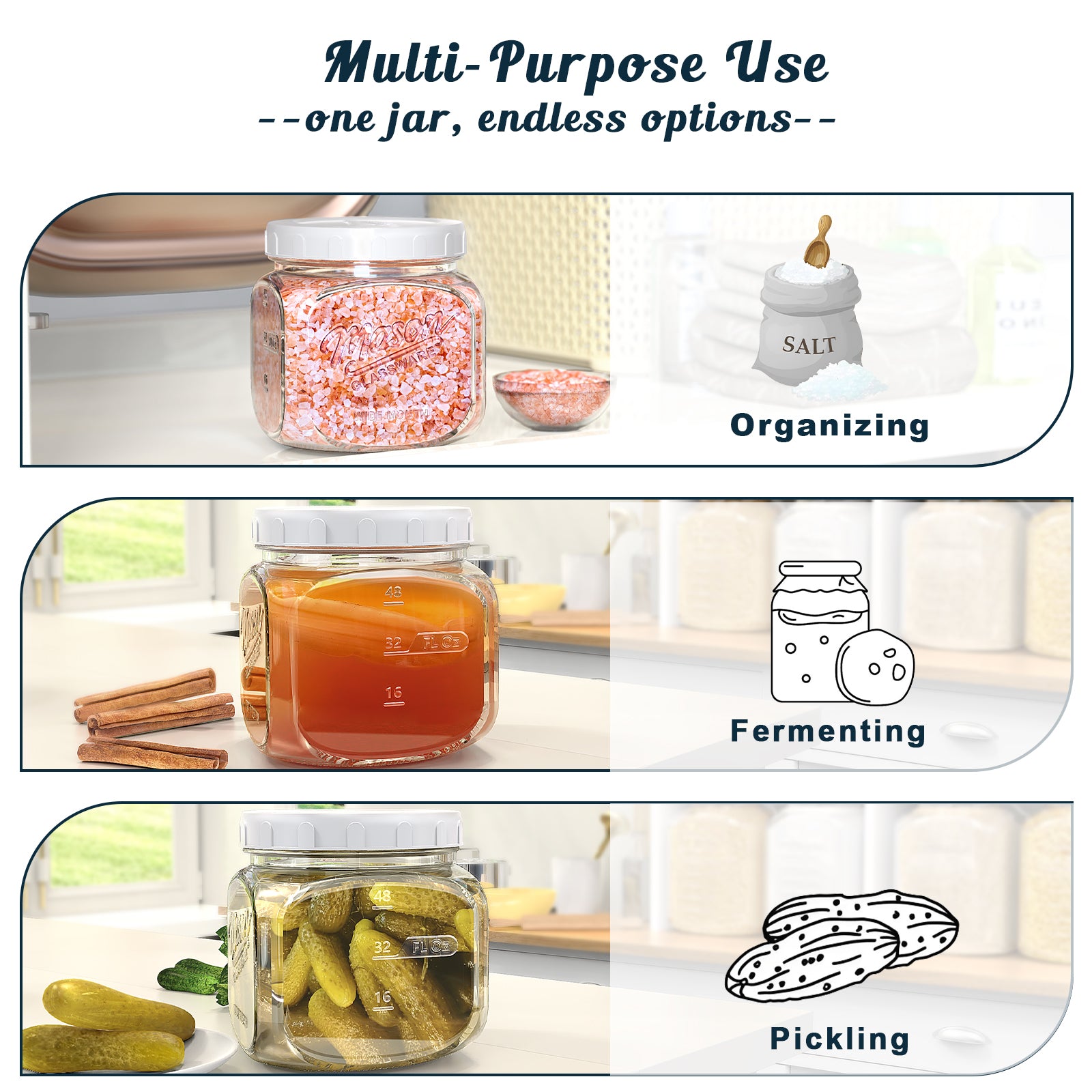 2 Pack Glass Cookie Jar with Airtight Lid, Half Gallon Mason Jar Wide Mouth for Food Storage, Flour, Sugar, Pasta, Sourdough - Square Glass Storage Containers with Marks