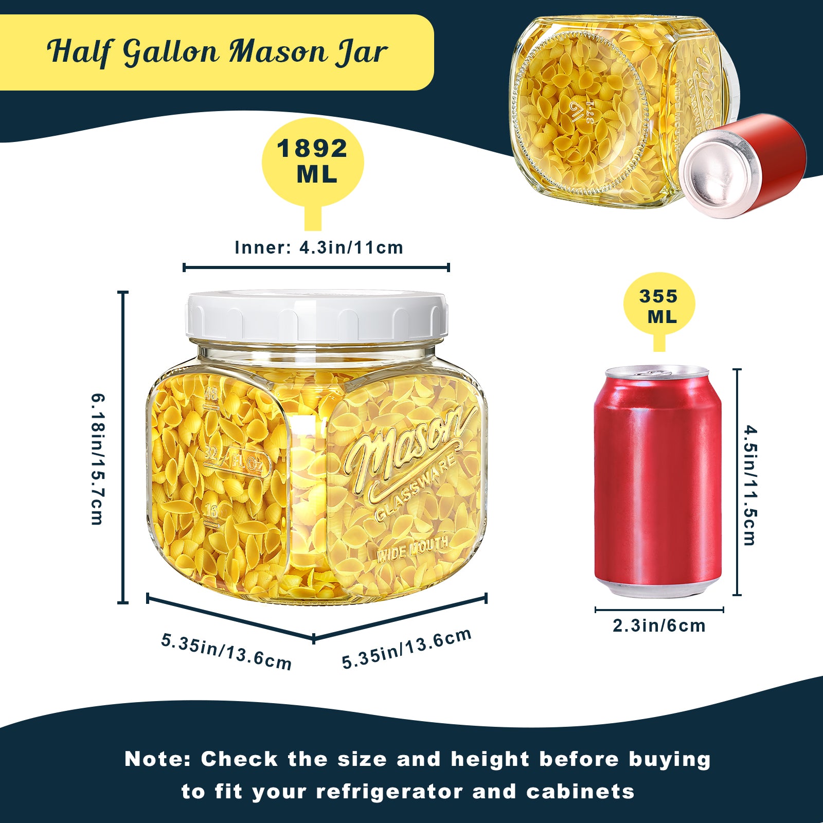 2 Pack Glass Cookie Jar with Airtight Lid, Half Gallon Mason Jar Wide Mouth for Food Storage, Flour, Sugar, Pasta, Sourdough - Square Glass Storage Containers with Marks