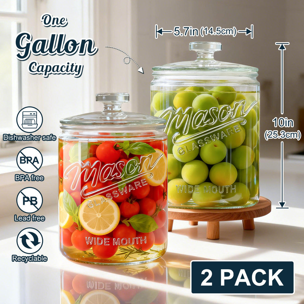 2 Pack 1 Gallon Glass Cookie Jar with Lid, Glass Canisters for Pantry Organizers & Storage, Wide Mouth Mason Jar for Flour Sugar, Sourdough Starter, Coffee, Dog Treat, Apothecary, Laundry Room