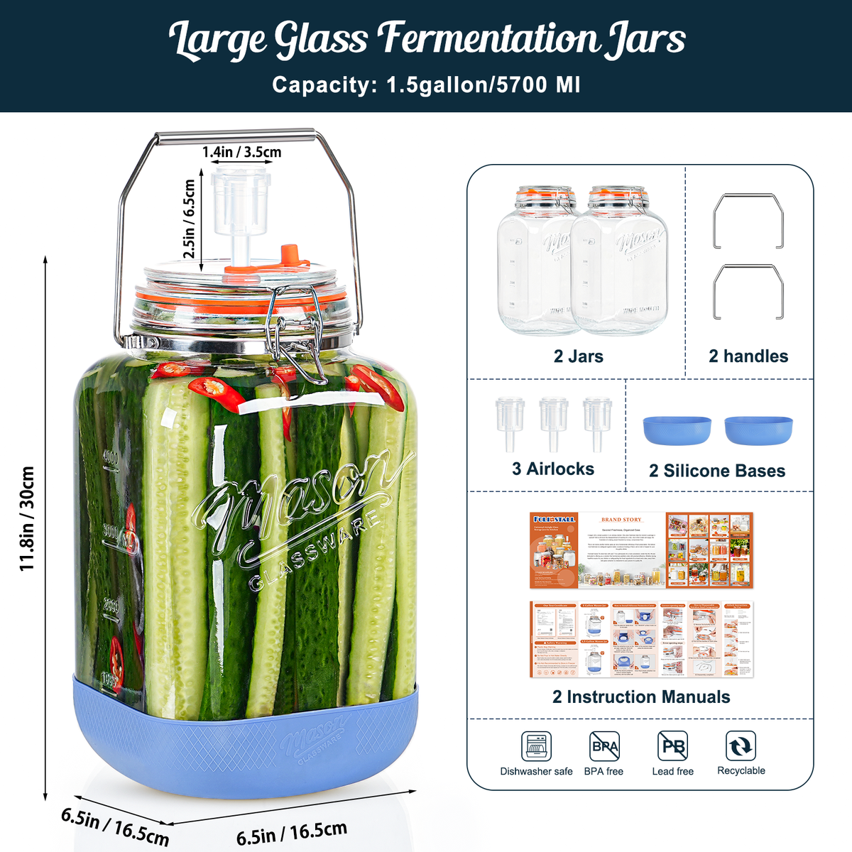 2 Pack 1.5 Gallon Large Fermentation Jar with 3 Airlock, Stainless Steel Handle, Non-Slip Silicone Base, Wide Mouth Glass Jars with Scale Mark - Pickle Jars for Sauerkraut, Sourdough Starter