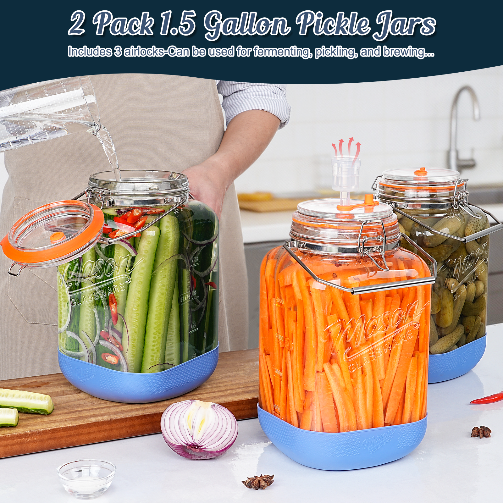 2 Pack 1.5 Gallon Large Fermentation Jar with 3 Airlock, Stainless Steel Handle, Non-Slip Silicone Base, Wide Mouth Glass Jars with Scale Mark - Pickle Jars for Sauerkraut, Sourdough Starter