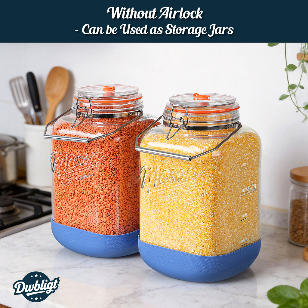 2 Pack 1.5 Gallon Large Fermentation Jar with 3 Airlock, Stainless Steel Handle, Non-Slip Silicone Base, Wide Mouth Glass Jars with Scale Mark - Pickle Jars for Sauerkraut, Sourdough Starter