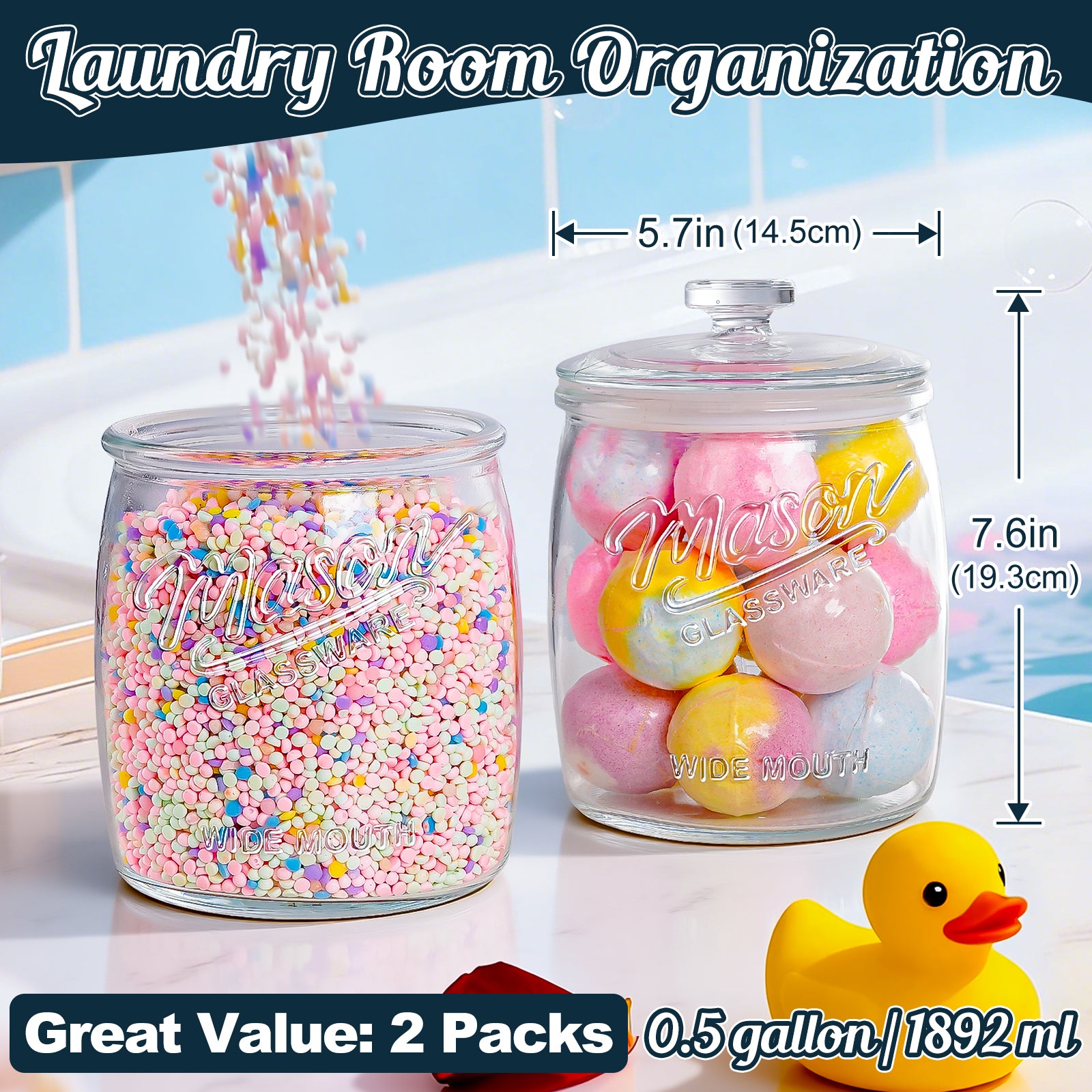 2 Pack Cookie Jar, Half Gallon Glass Jar with Airtight Lids for Cookies, Candy, Flour, Dog Treats, Coffee, Laundry Room Storage & Pantry, Wide Mouth Mason Jar for Sourdough Starter