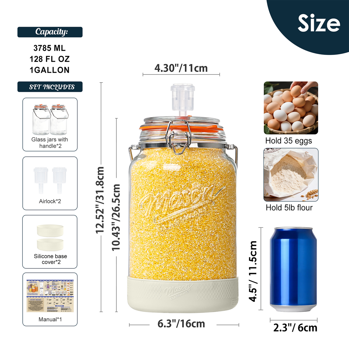 1 Gallon Fermentation Jars with Airlocks, 2 Pcs Wide Mouth Glass Jars with Airtight Lids, Stainless Steel Handle, Non-Slip Silicone Base for Pickle, Mead, Kimchi, Food Storage