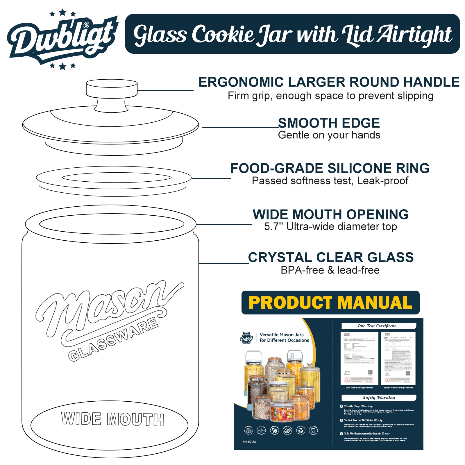 1 Gallon Glass Cookie Jar with Lid Airtight, Large Wide Mouth Sourdough Starter Jar for Baked Goods - Glass Storage Container for Pantry Organizer, Laundry Room, Flour, Dog Treats, Meal Prep