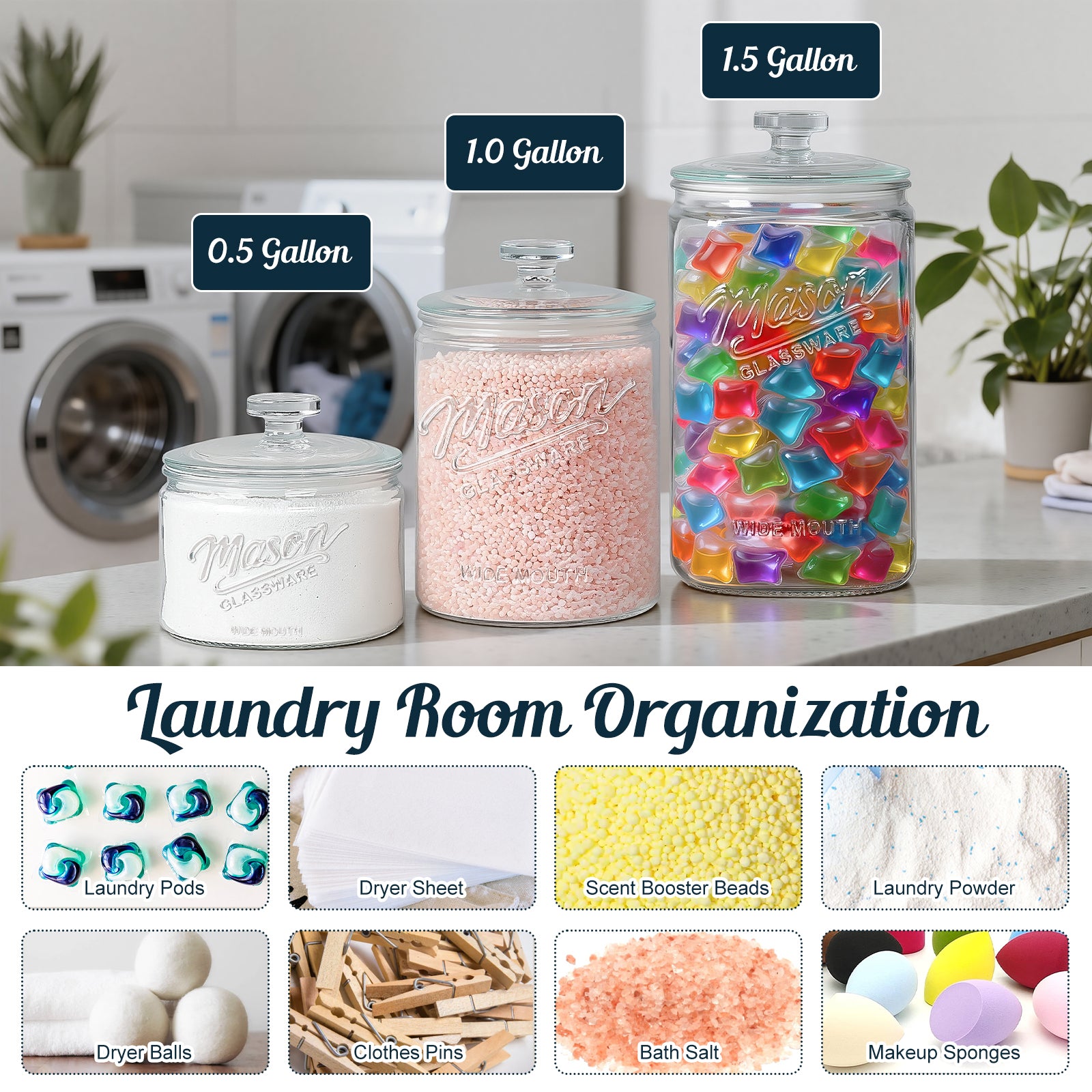 2 Pack 1 Gallon Glass Cookie Jar with Lid, Glass Canisters for Pantry Organizers & Storage, Wide Mouth Mason Jar for Flour Sugar, Sourdough Starter, Coffee, Dog Treat, Apothecary, Laundry Room