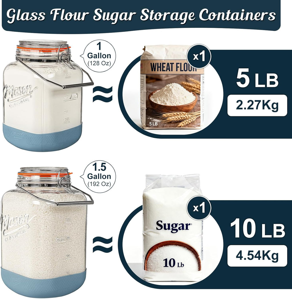 Dwbligt 2 Pack 1.5 Gallon Glass Jar With Airtight Lid, Square Large Mason Jars Wide Mouth with Scale Marks and Stainless Steel Handle-Glass Storage Containers for Cookie