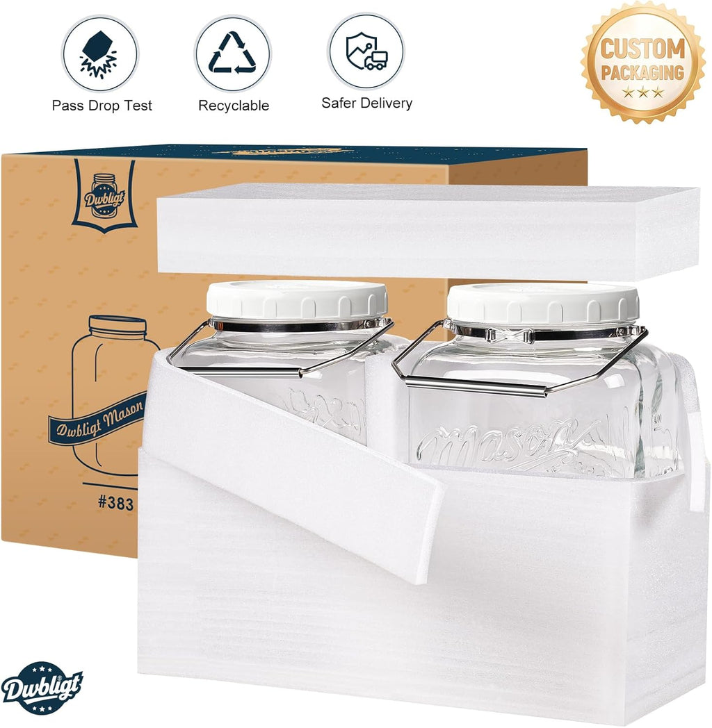 2 Pack 1.5 Gallon Glass Jar With Airtight Lid, Large Mason Jars Wide Mouth with Scale Marks, Big Glass Storage Containers with Heavy-duty Handles & Non-slip Bases - for Flour, Pickling