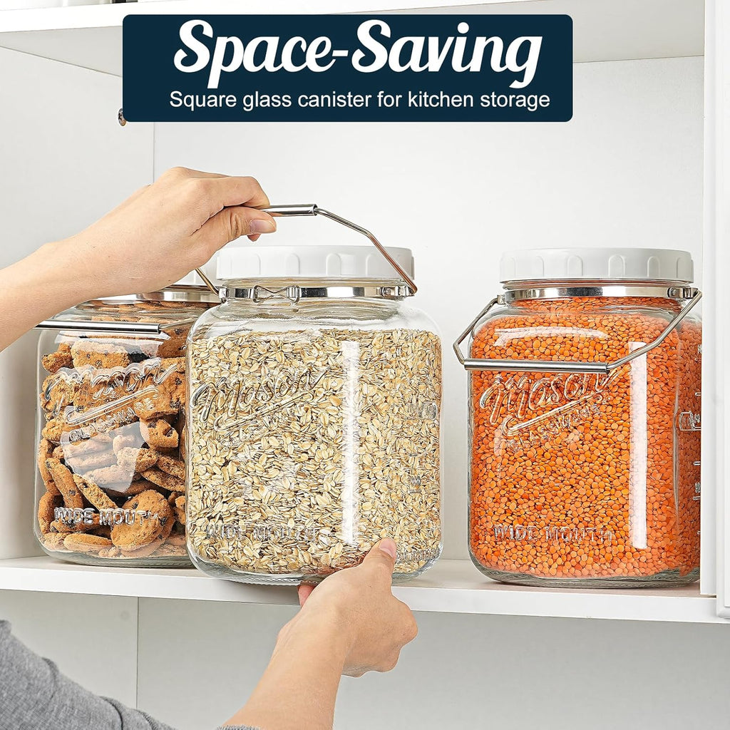 2 Pack Square Wide Mouth Mason Jars, 1 Gallon Glass Jar With Airtight Lid and Scale Marks, 128 FL Oz/3785 ML Food Storage Containers with Handles & Non-slip Bases - for Flour, Rice, Pickling