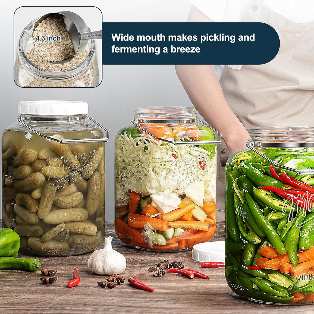 2 Pack 1.5 Gallon Glass Jar With Airtight Lid, Large Mason Jars Wide Mouth with Scale Marks, Big Glass Storage Containers with Heavy-duty Handles & Non-slip Bases - for Flour, Pickling