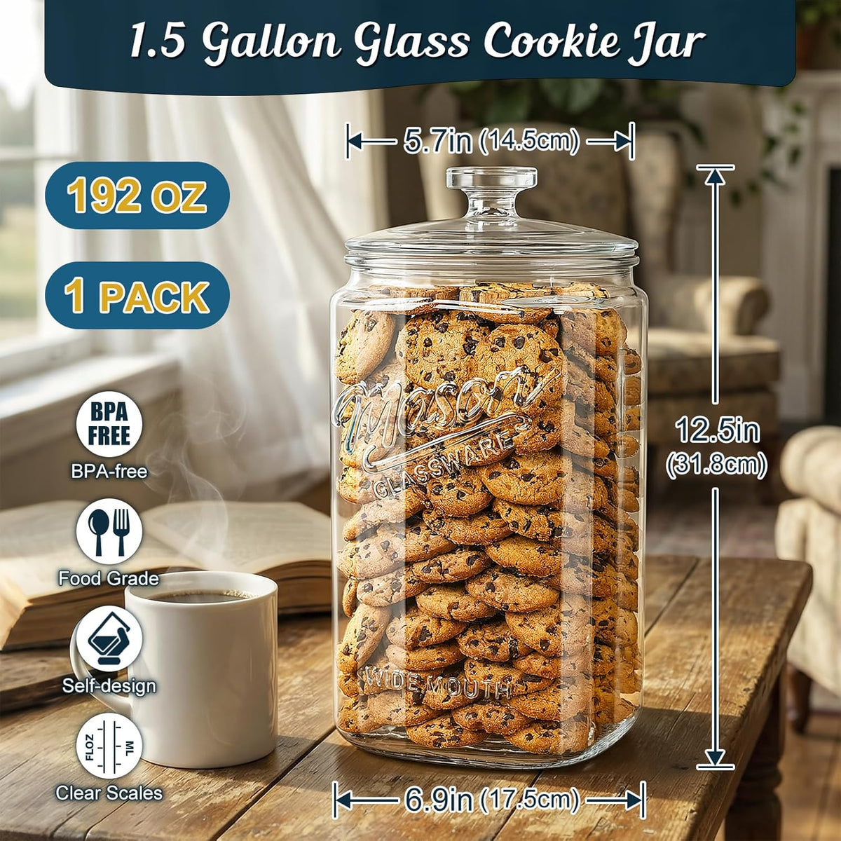 1.5 Gallon Glass Cookie Jar with Lid, Glass Canisters for Pantry Organizers & Storage, Wide Mouth Mason Jar for Flour Sugar, Sourdough Starter, Coffee, Dog Treat, Apothecary, Laundry Room