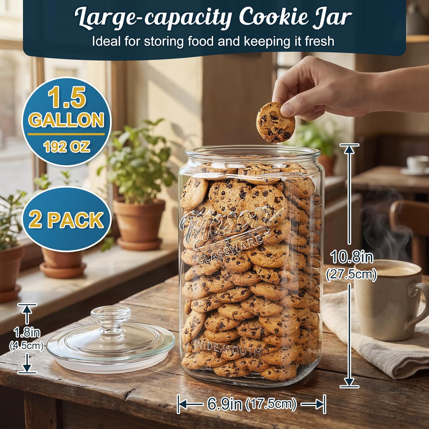 2 Pack 1.5 Gallon Glass Cookie Jar with Lid, Glass Canisters for Pantry Organizers & Storage, Wide Mouth Mason Jar for Flour Sugar, Sourdough Starter, Coffee, Dog Treat, Apothecary, Laundry Room