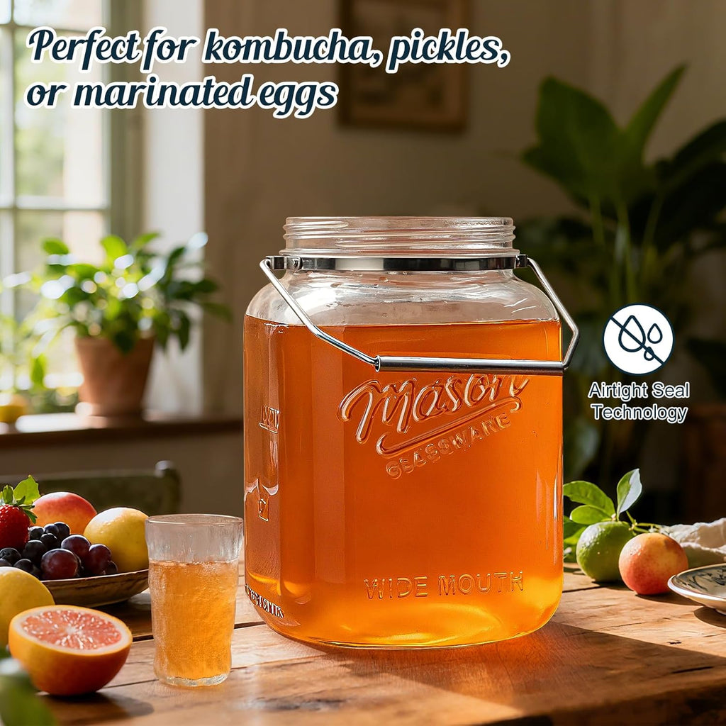 2 Pack Square Wide Mouth Mason Jars, 1 Gallon Glass Jar With Airtight Lid and Scale Marks, 128 FL Oz/3785 ML Food Storage Containers with Handles & Non-slip Bases - for Flour, Rice, Pickling