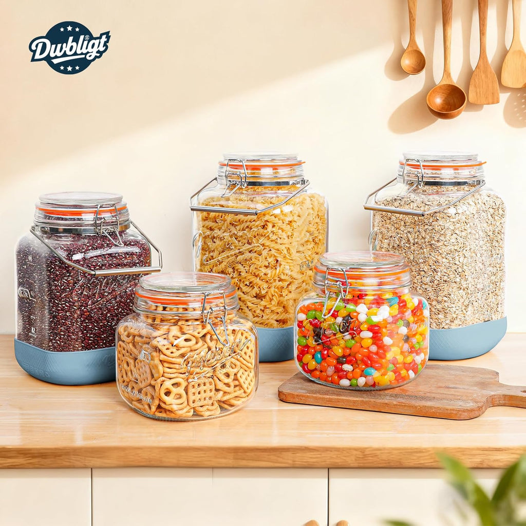 Dwbligt 2 Pack 1.5 Gallon Glass Jar With Airtight Lid, Square Large Mason Jars Wide Mouth with Scale Marks and Stainless Steel Handle-Glass Storage Containers for Cookie