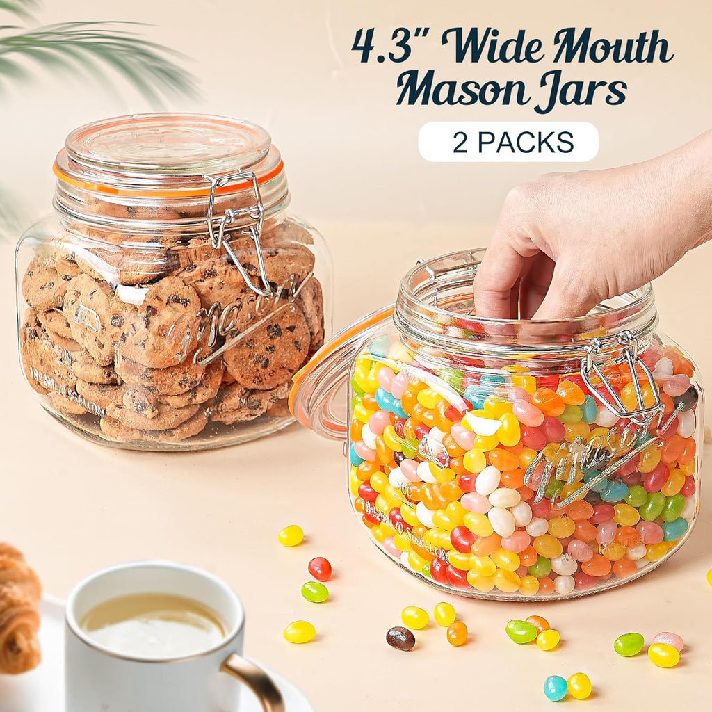 Dwbligt 2 Pack Half Gallon Mason Jar with Hinged Lid, Wide Mouth Glass Canisters for Food Storage, Cookie, Flour, Candy, Coffee, Pickle - 64 Oz Glass Jar with Lid