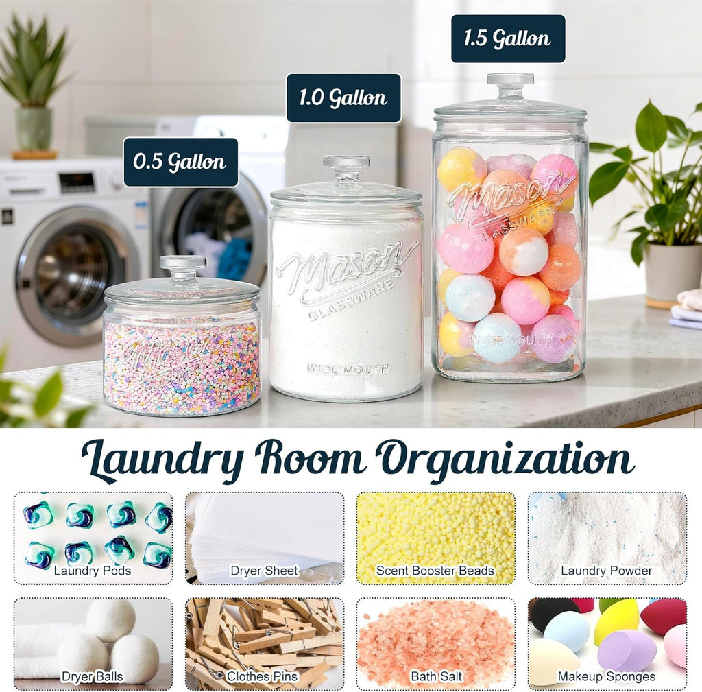 1.5 Gallon Glass Cookie Jar with Lid, Glass Canisters for Pantry Organizers & Storage, Wide Mouth Mason Jar for Flour Sugar, Sourdough Starter, Coffee, Dog Treat, Apothecary, Laundry Room