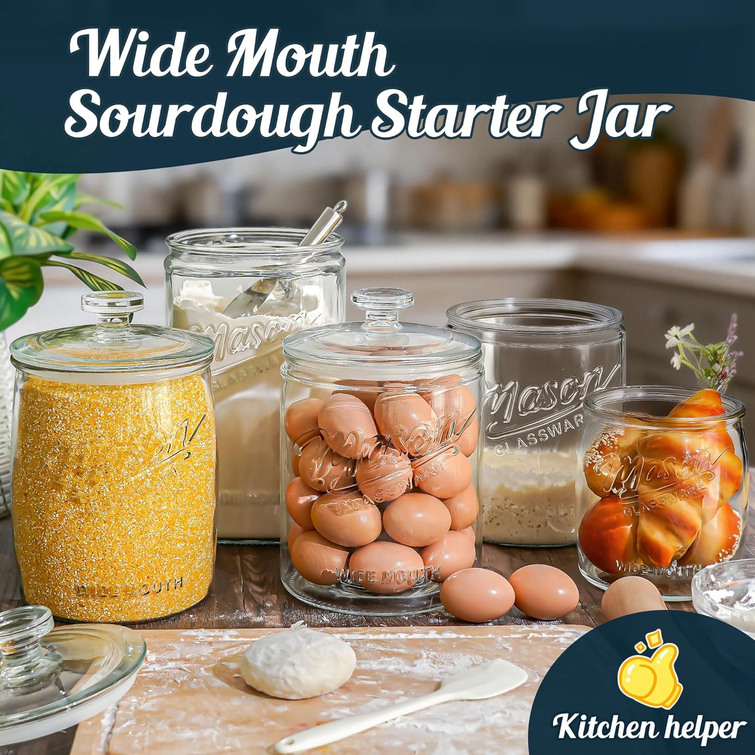 1.5 Gallon Glass Cookie Jar with Lid, Glass Canisters for Pantry Organizers & Storage, Wide Mouth Mason Jar for Flour Sugar, Sourdough Starter, Coffee, Dog Treat, Apothecary, Laundry Room